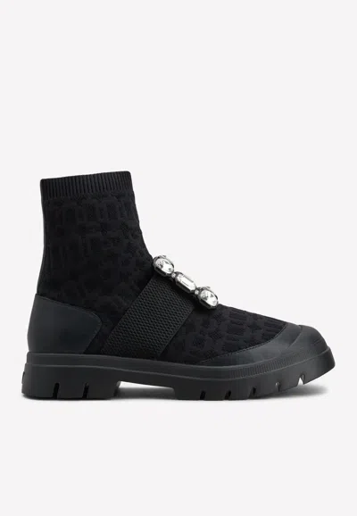Roger Vivier Walky Viv' Rhinestone Buckle Ankle Boots In Black