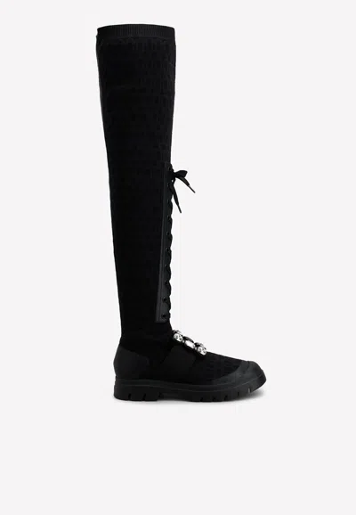 Roger Vivier Walky Viv' Strass Buckle Knee-high Boots In Fabric And Leather