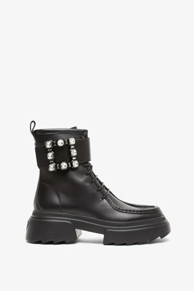 Roger Vivier Leather Lace-up Booties With Jeweled Buckle In Black
