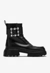 Roger Vivier Leather Lace-up Booties With Jeweled Buckle In Black