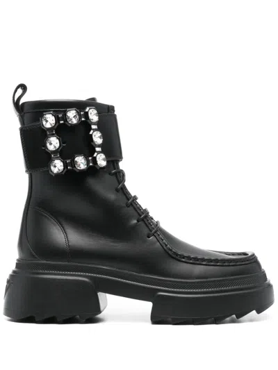 Roger Vivier Wallaviv Strass Buckle Leather Boots In Black