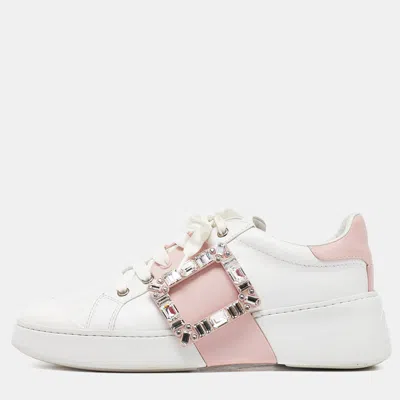 Pre-owned Roger Vivier White/pink Leather Viv' Skate Crystal Embellished Low Top Sneakers Size 39