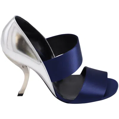 Roger Vivier Wide Strap Open Toe Heels In Blue/silver Leather