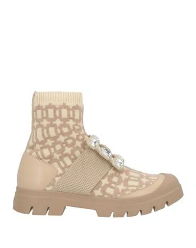 Roger Vivier Woman Ankle Boots Beige Size 7 Leather, Textile Fibers In Neutral