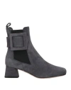 Roger Vivier Woman Ankle Boots Lead Size 6.5 Leather, Elastic Fibres In Gray