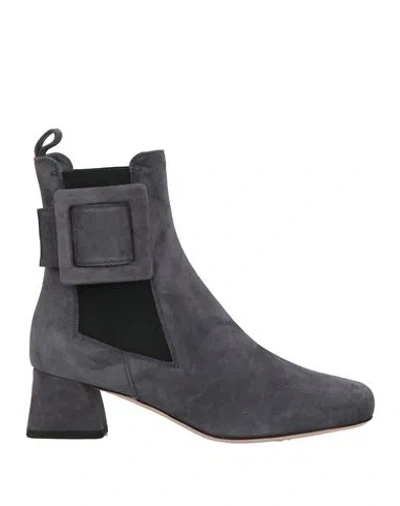 Roger Vivier Woman Ankle Boots Lead Size 6.5 Leather, Elastic Fibres In Gray