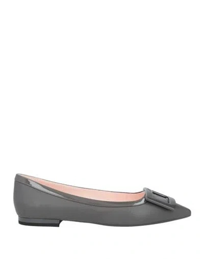 Roger Vivier Woman Ballet Flats Lead Size 8 Leather In Gray