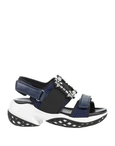 Roger Vivier Woman Sandals Midnight Blue Size 4 Leather, Textile Fibers