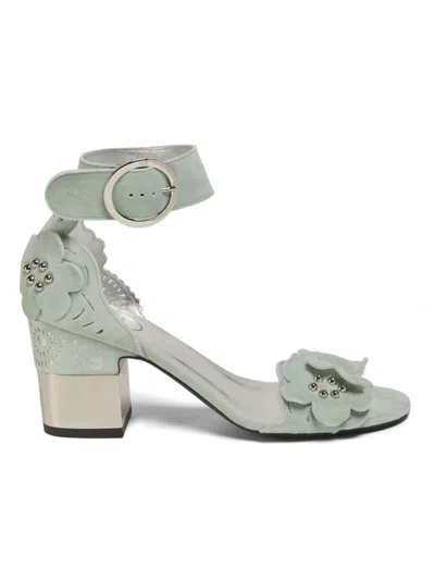 Roger Vivier Women's 75mm Floral-appliqué Leather Block-heel Sandals In Blue