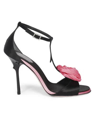 Roger Vivier 100mm Epine Rose T-strap Satin Sandals In Black
