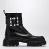 Roger Vivier Leather Lace-up Booties With Jeweled Buckle In Black