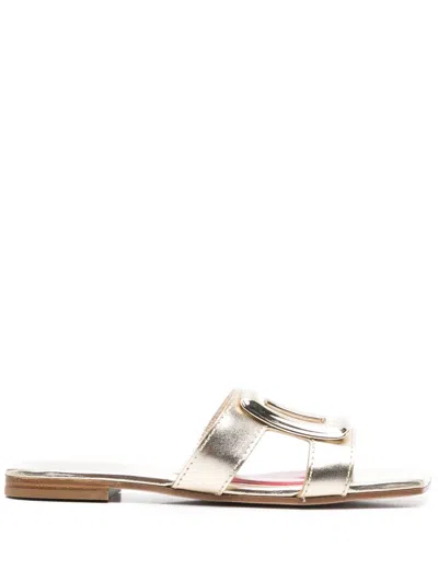 Roger Vivier Women Metal Buckle Leather Flat Sandals In Clear Gold.