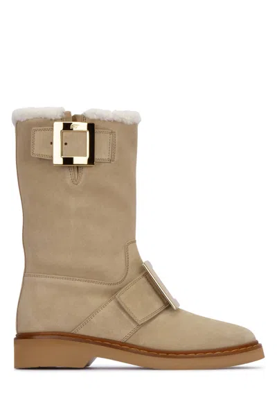 Roger Vivier Viv' Rangers Metal Buckle Shearling Biker Boots In Suede In Beige