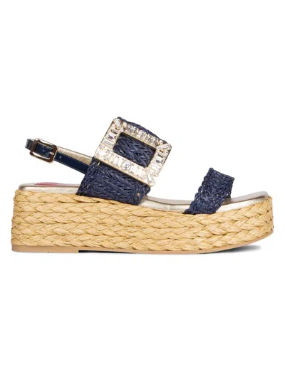 Roger Vivier 60 Crystal-embellished Patent-leather Trimmed Raffia Platform Espadrille Sandals In Blue