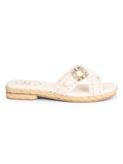 Roger Vivier Women's Strass Leather & Raffia Slides In White