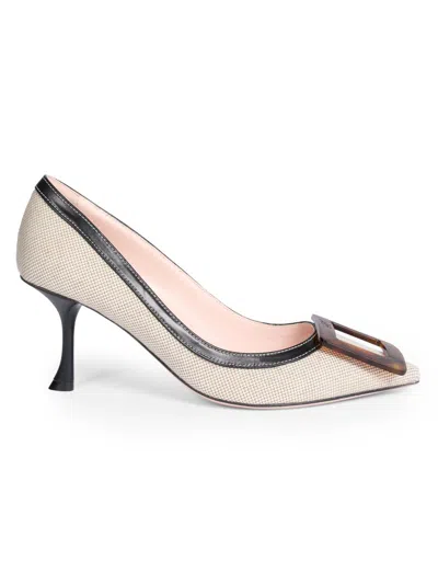 Roger Vivier 65mm Viv In The City Canvas And Leather Buckle Pumps In Neutral
