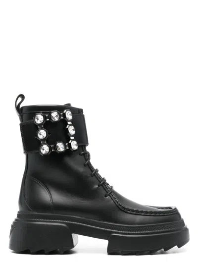 ROGER VIVIER WOMEN'S WALLAVIV STRASS BUCKLE LEATHER BOOTS