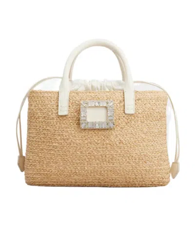 Roger Vivier Woven-wicker Crystal-detail Tote Bag In Nude