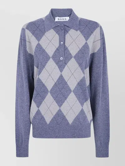 Rohe Argyle Knit Polo Shirt Collared Ribbed Trims In Blue