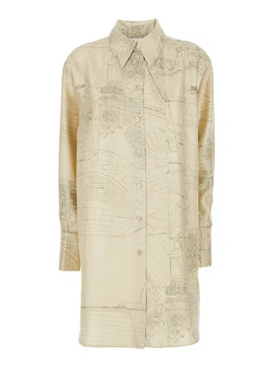 Rohe Beige Shirt With All-over Print And Pointed Collar In Silk Woman In White