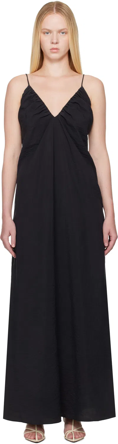 ROHE BLACK HAMMERED SILK V-NECK STRAP MAXI DRESS