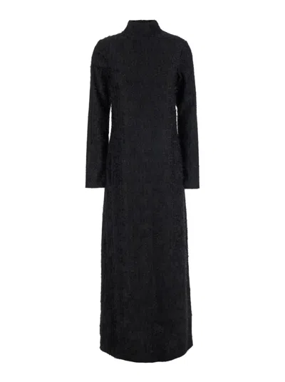 ROHE BLACK TEXTURED LACE TURTLENECK DRESS