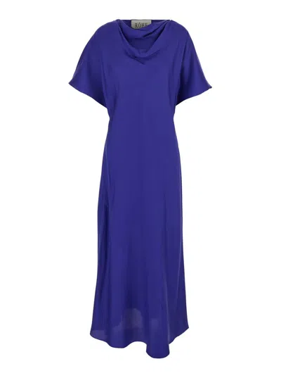 ROHE BLUE LONG DRESS WITH DRAPPED HIGH NECK AND SHORT WIDE SLEEVES IN SILK WOMAN