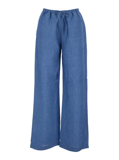 Rohe Blue Pants With Elastic Drawstring Waist And Wide Leg In Linen Woman