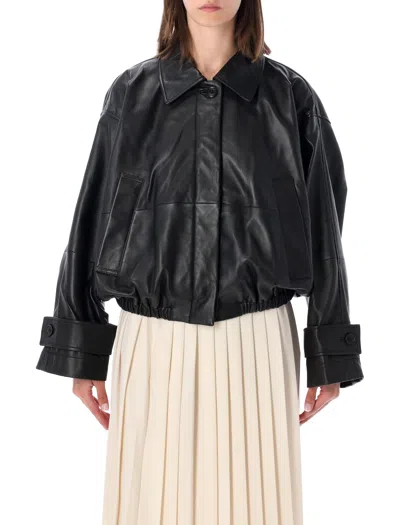 Rohe Cropped Leather Bomber Blouson Jacket With Dropped Shoulders In Nero