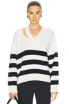 Rohe Deconstructed V-neck Sweater In Off White & Black White Stripe