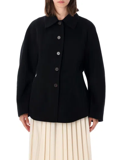 Rohe Double-faced Wool Sculptural Sleeve Jacket With Cinched Waist And Four-button Closure In Nero