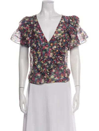 Pre-owned Rohe Floral Print V-neck Crop Top In Green