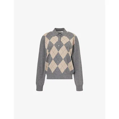 Rohe Frames Womens Argyle Knit Wool Polo Top Grey Oat Check