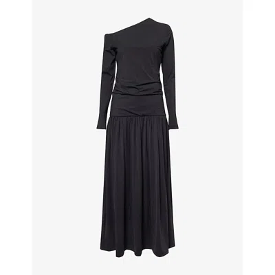 Rohe Frames Womens Black Asymmetric Ruched Stretch-jersey Midi Dress