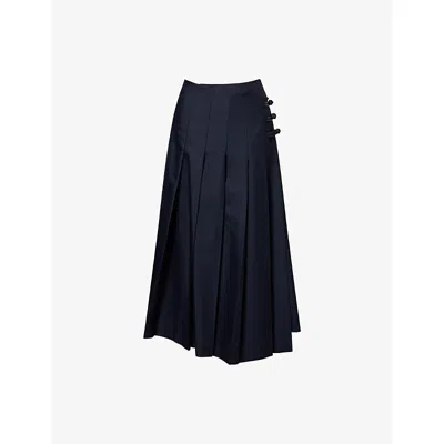Rohe Frames Womens Navy Pleated Wrap Wool-blend Midi Skirt In Blue