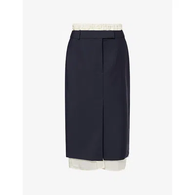 Rohe Frames Womens Navy Boxer Detailed Wool-blend Midi Skirt In Blue