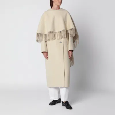 Rohe Fringe Wool Cape Coat With Belted Wrap Detail In Neutral