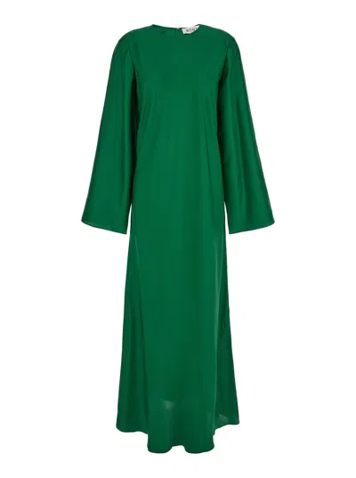 ROHE GREEN LONG CREWNECK DRESS IN SILK WOMAN
