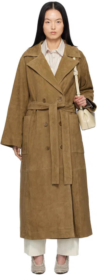 Rohe Khaki Belted Wrap Suede Coat In Brown