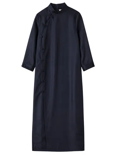 Rohe Mandarin-collar Silk Long Dress With Diagonal Button Front In Navy