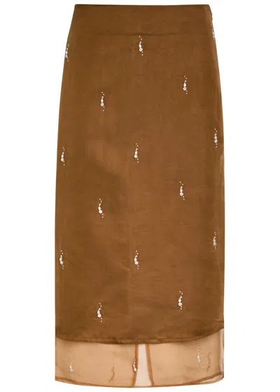 Rohe Pearl-embellished Silk-organza Midi Skirt In Brown