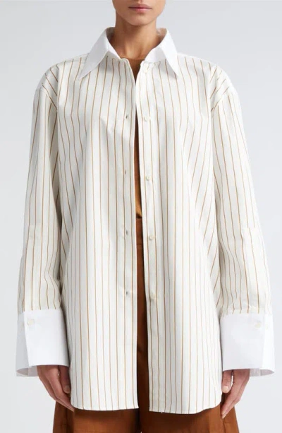 Rohe Reimagined Cotton Banker Shirt In Caramel Stripe
