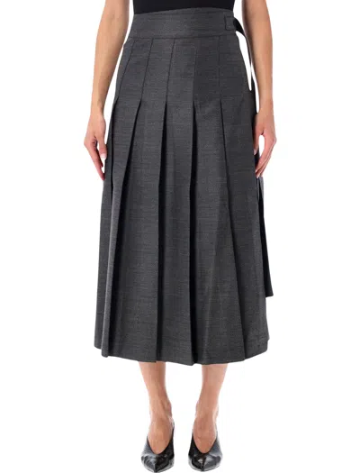 Rohe Róhe Wool Blend Wrap Skirt With Pleats, Midi Length & Adjustable Tie In Grigio