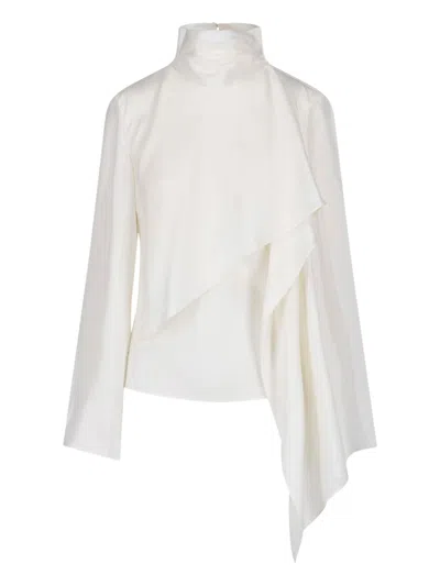 Rohe Cream High Collar Draped Cape Silk Top In White