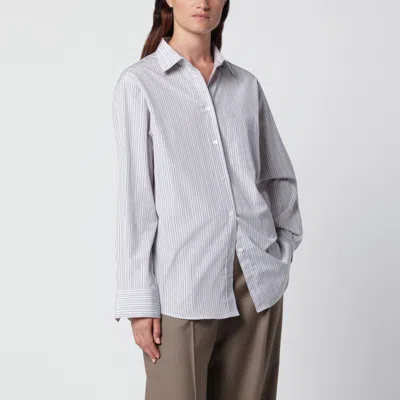 Rohe Striped Cotton Shirt With Short Sleeve Detail In White