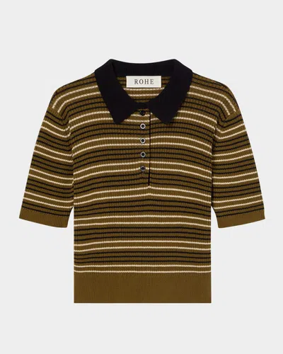Rohe Striped Knit Polo Top In Multi Olive Stripe