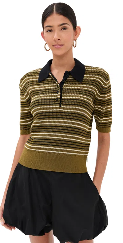 ROHE STRIPED KNITTED POLO MULTI OLIVE STRIPE