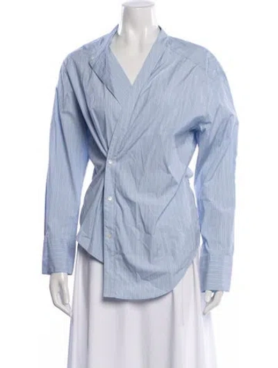 Pre-owned Rohe Striped V-neck Button-up Top In Blue/white