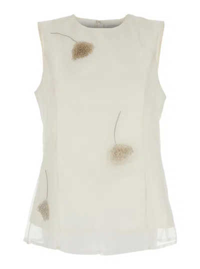 Rohe White Sleeveless Crewneck Top With Tulip Embroidery In Silk Woman