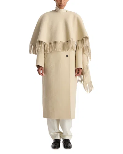 Rohe Wool Double Faced Cape Overlay Fringe Coat In White